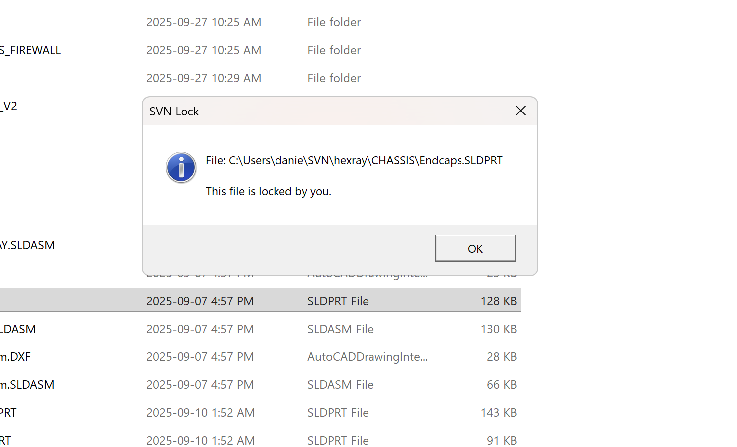 SVNworks confirming that the selected SOLIDWORKS part is locked by the current user