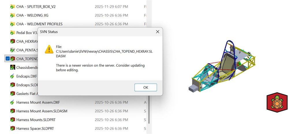 SVNworks warning that a newer version of the selected SOLIDWORKS assembly is available