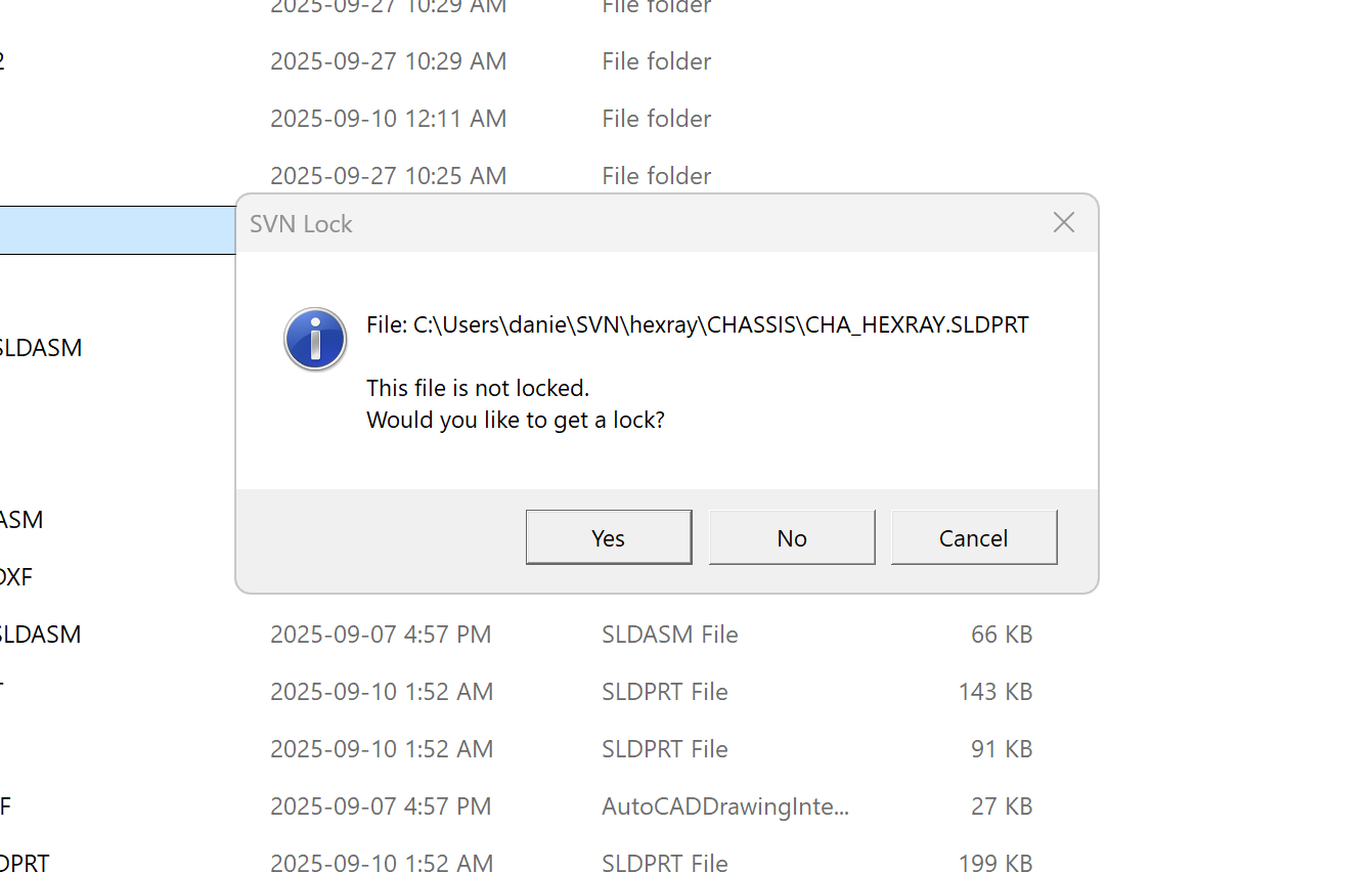 SVNworks prompting a SOLIDWORKS user to lock an unlocked CAD file