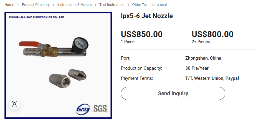 Commercial IPX5 nozzle options priced between approximately 500 and 1000 dollars