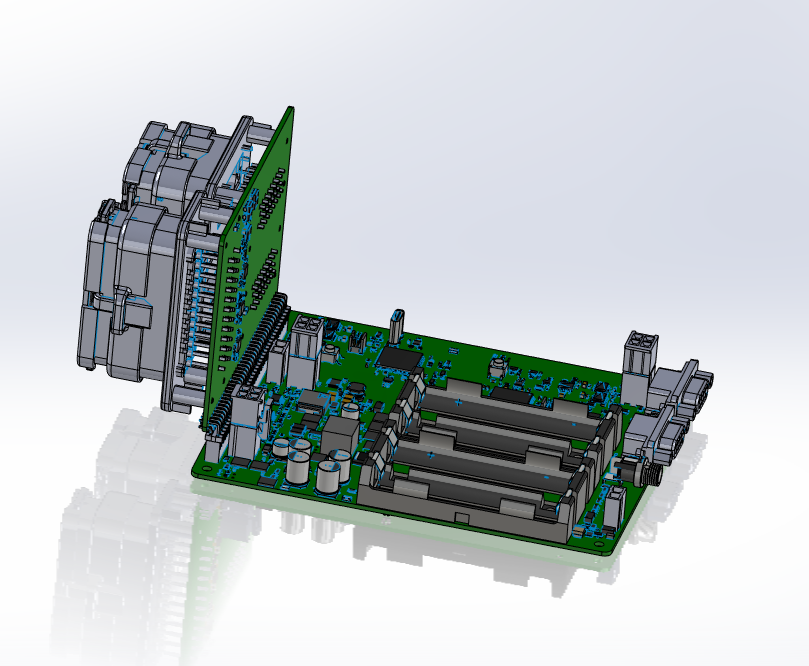 Split Vehicle Controller circuit boards arranged vertically inside the available vehicle envelope