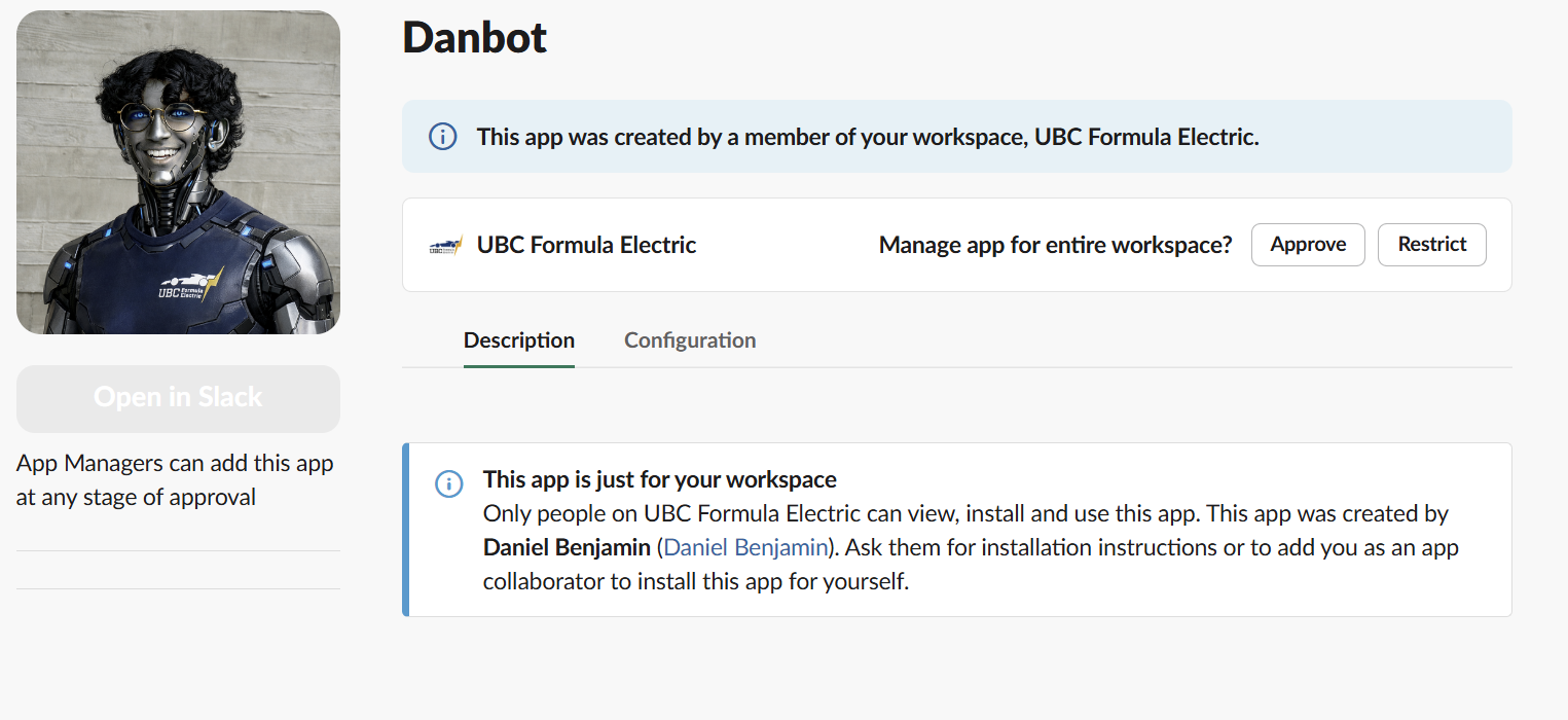 Danbot custom Slack application installed for the UBC Formula Electric workspace
