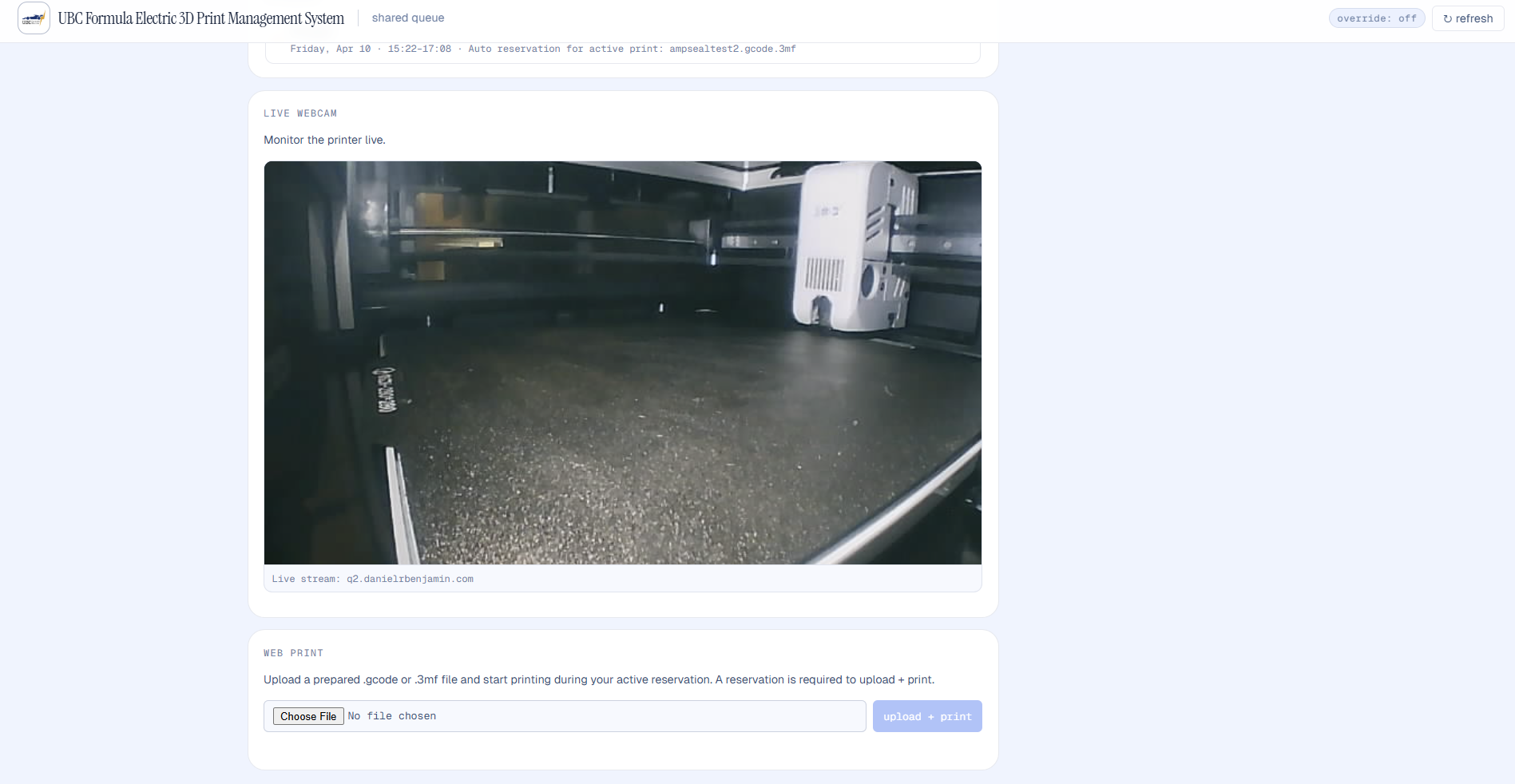 DanBot web portal showing the printer webcam and upload and print controls