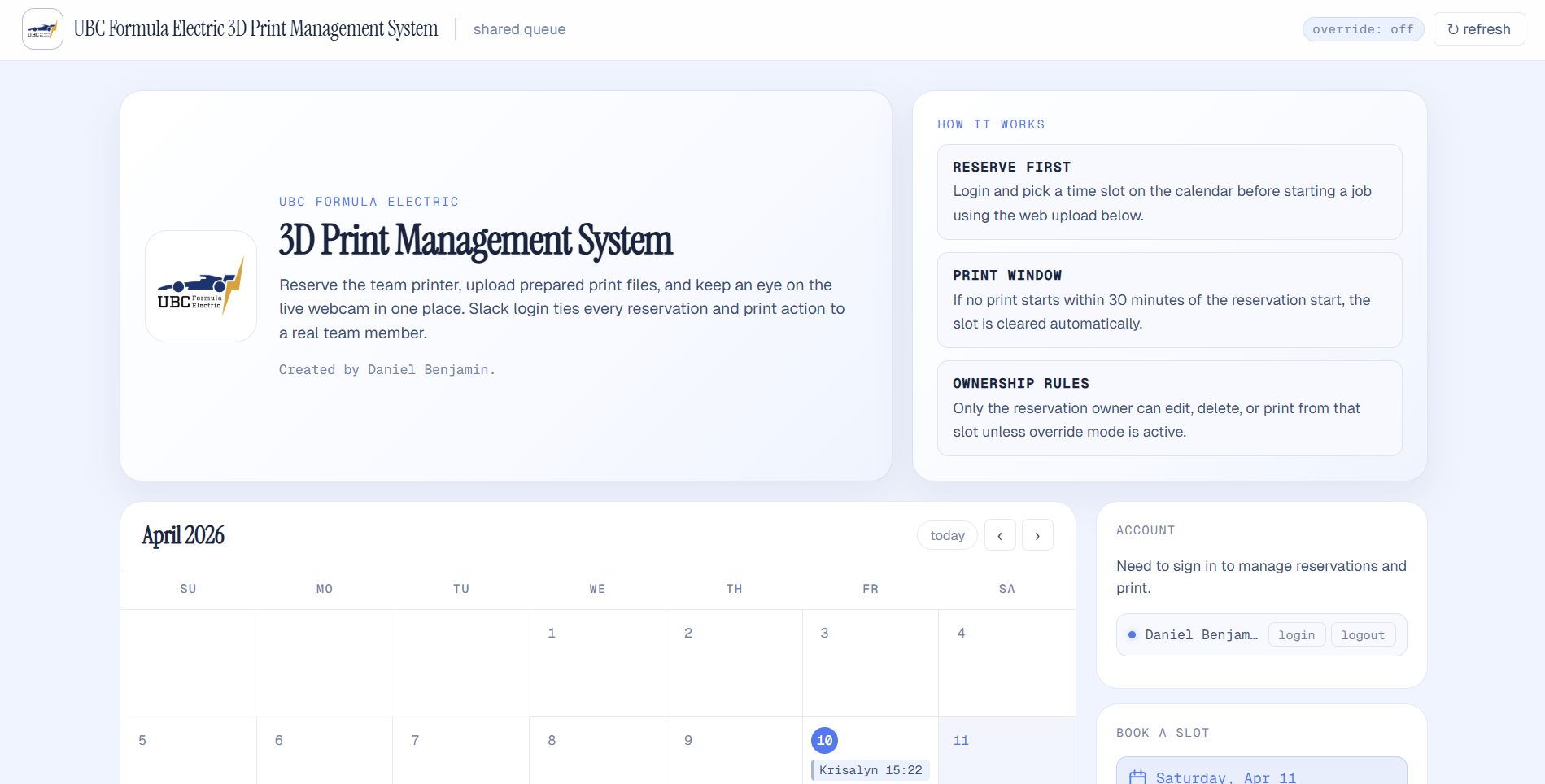 DanBot 3D printer reservation and management website