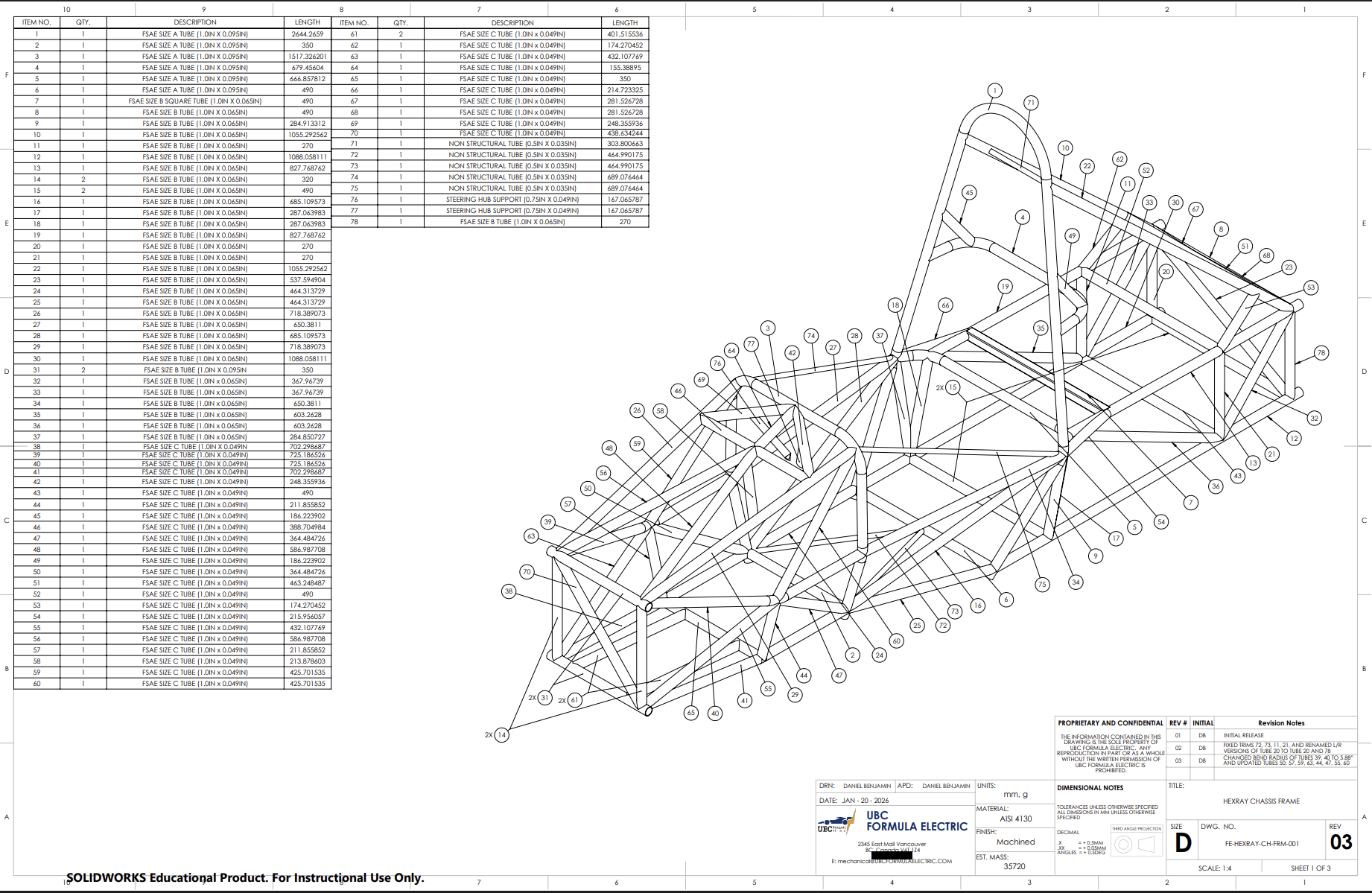 Front frame assembly drawing and bill of materials