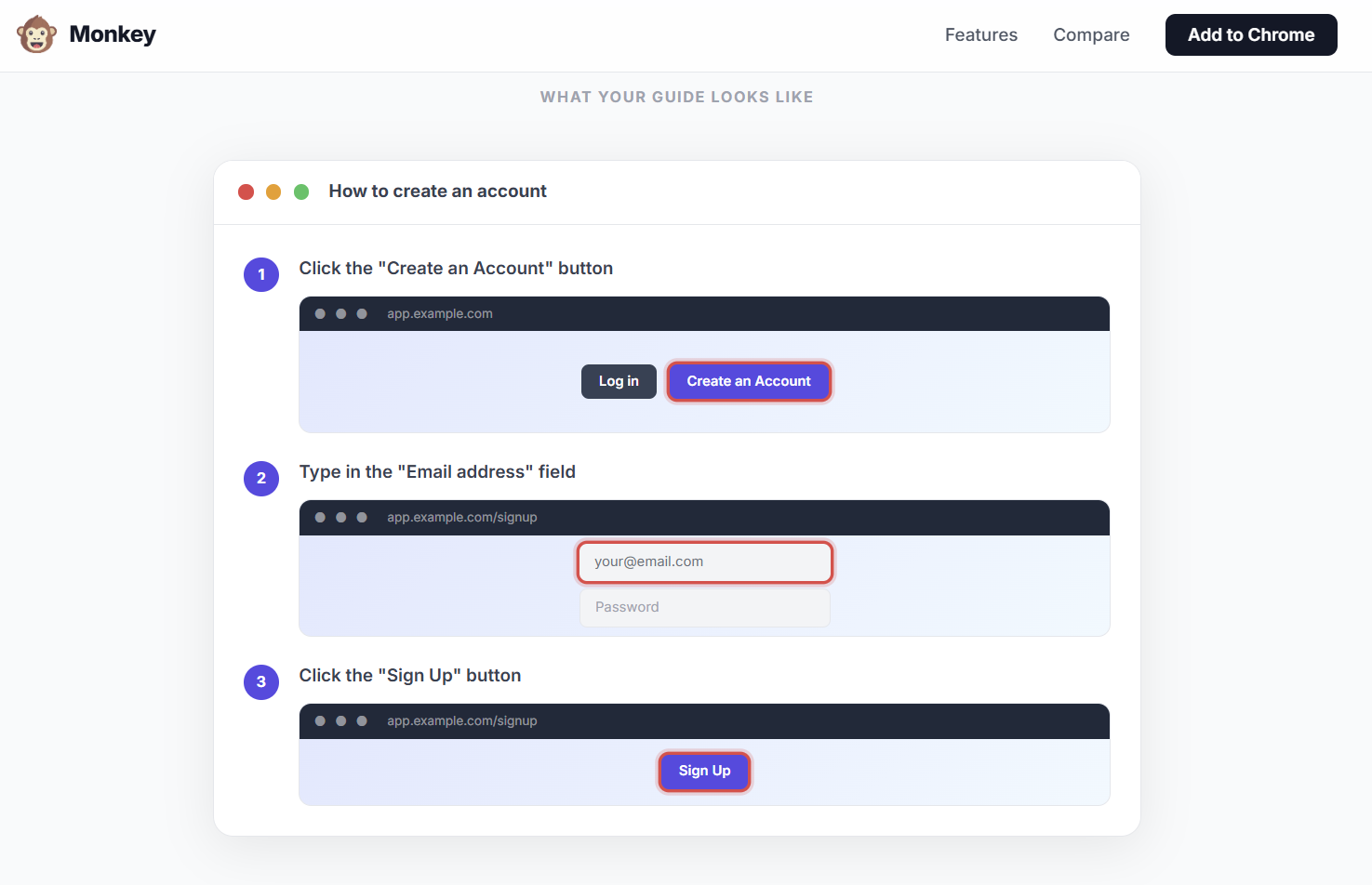 Monkey workflow recording and guide creation interface