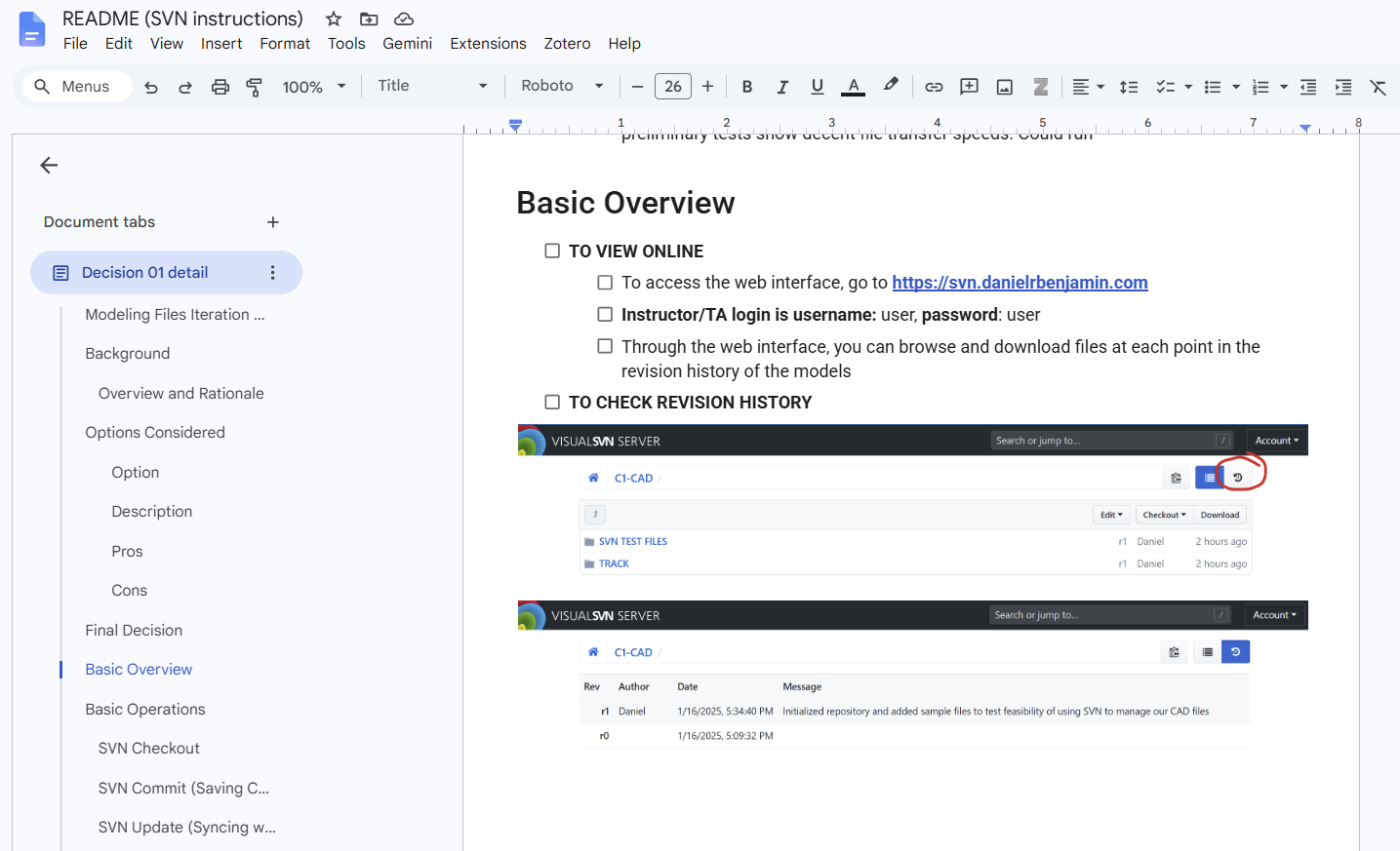 SVN workflow guide written for the team, covering check-out/check-in procedure